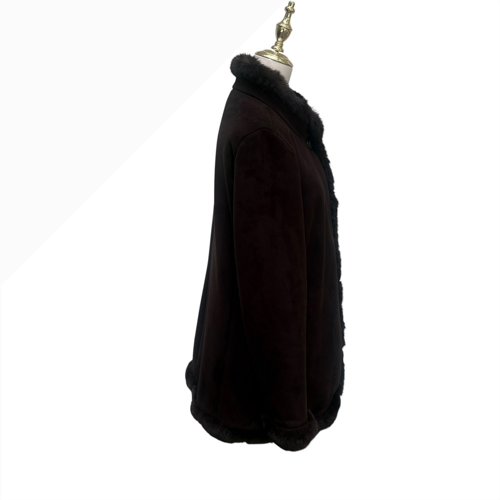 Dana Buchman Faux Suede Coat L Brown Genuine Fur Trim Winter Jacket Luxe Elegant - Picture 7 of 15